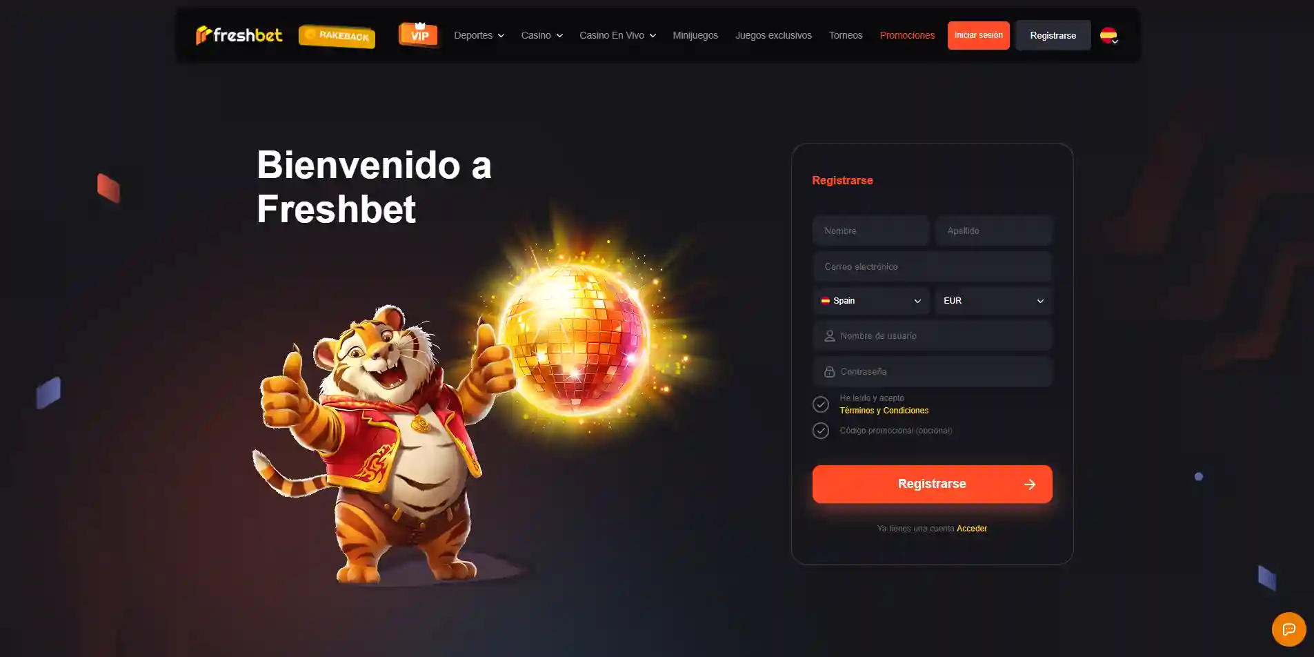 Formulario de registro o área de creación de cuenta de FreshBet