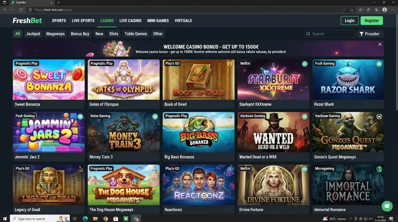 Lobby de juegos de FreshBet con categorías y una parrilla de títulos visibles