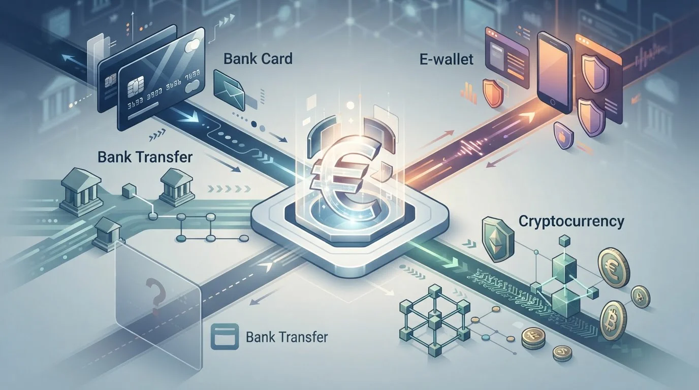 Ilustración editorial de pagos en euros mediante tarjeta, transferencia, monedero electrónico y criptomonedas