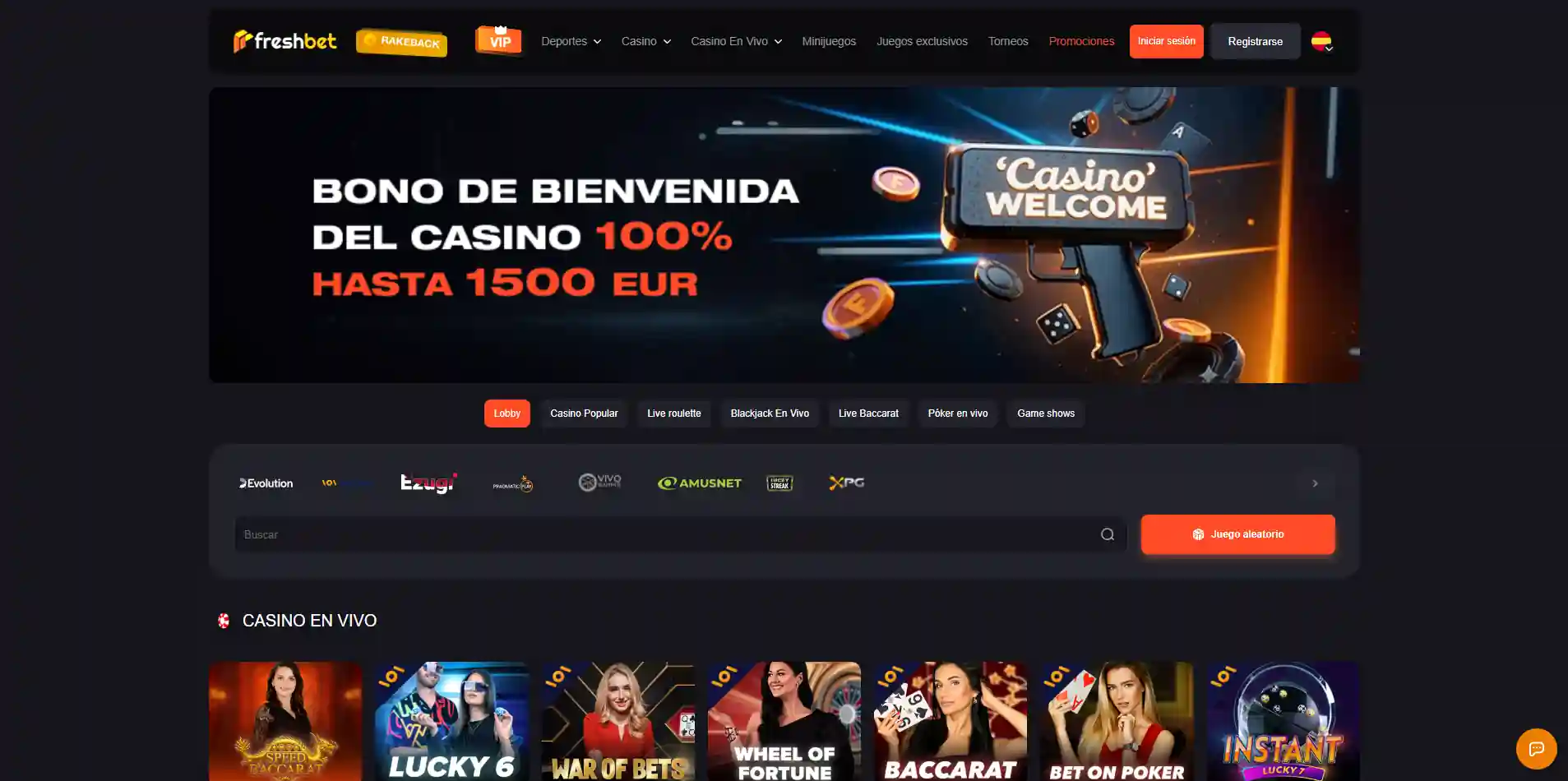 Sección Live Casino de FreshBet con categorías de ruleta, blackjack y otras mesas visibles