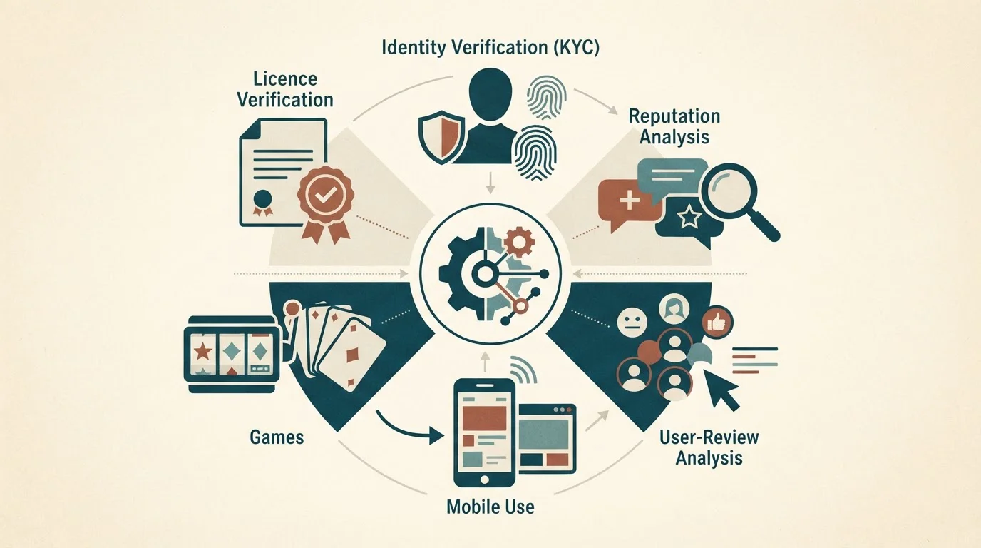 Infografía editorial con criterios para evaluar FreshBet: licencia, pagos, juegos, móvil, KYC y opiniones